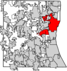 A map of the city of edmonton with red areas.